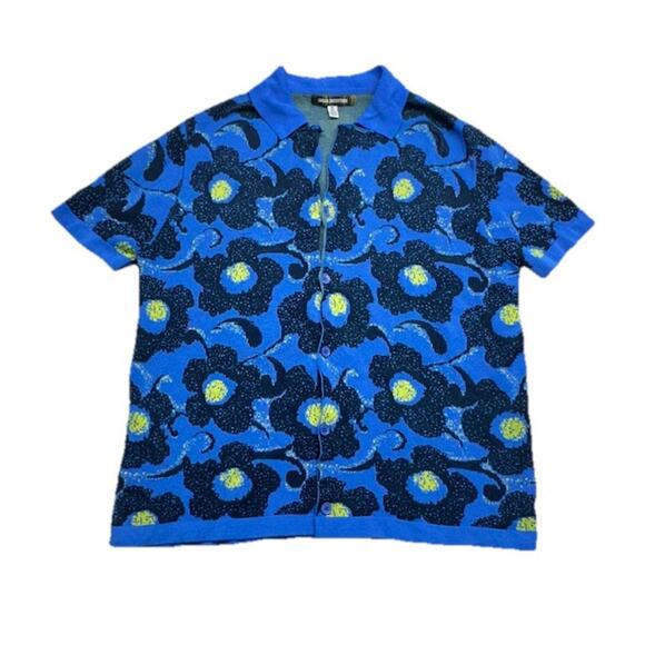 Urban Outfitters Other - Urban Outfitters Mens Size M Floral Knit Short Sleeve Button Down Blue Yellow